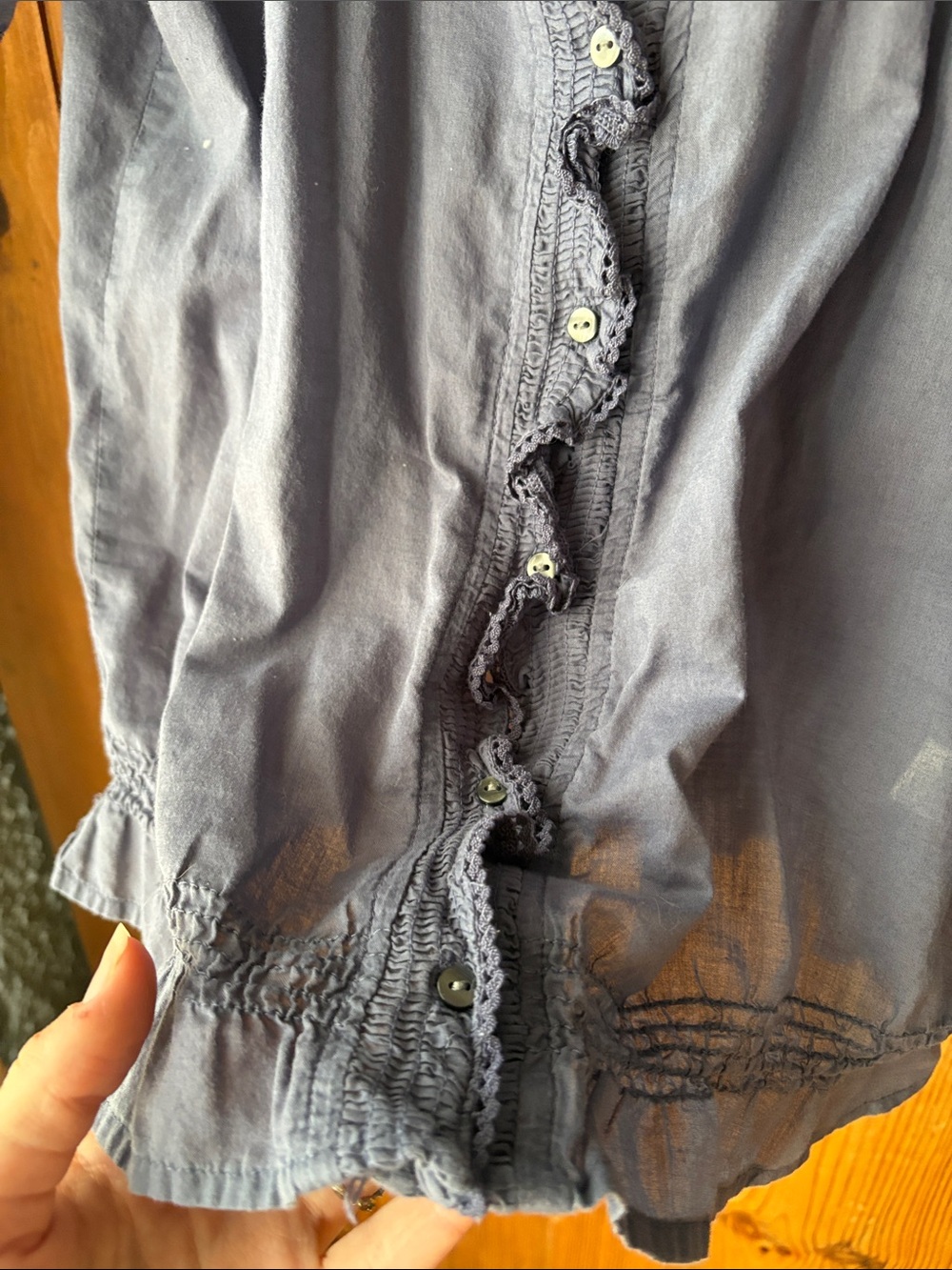Women's 100% Cotton Blue Ruffle-Trim Button Front Top - Picture 3 of 7
